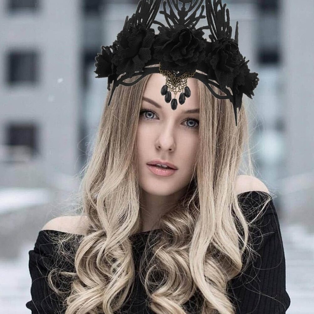 Gothic Floral Headpiece Black Queen Crown Halloween Party Headband Costume